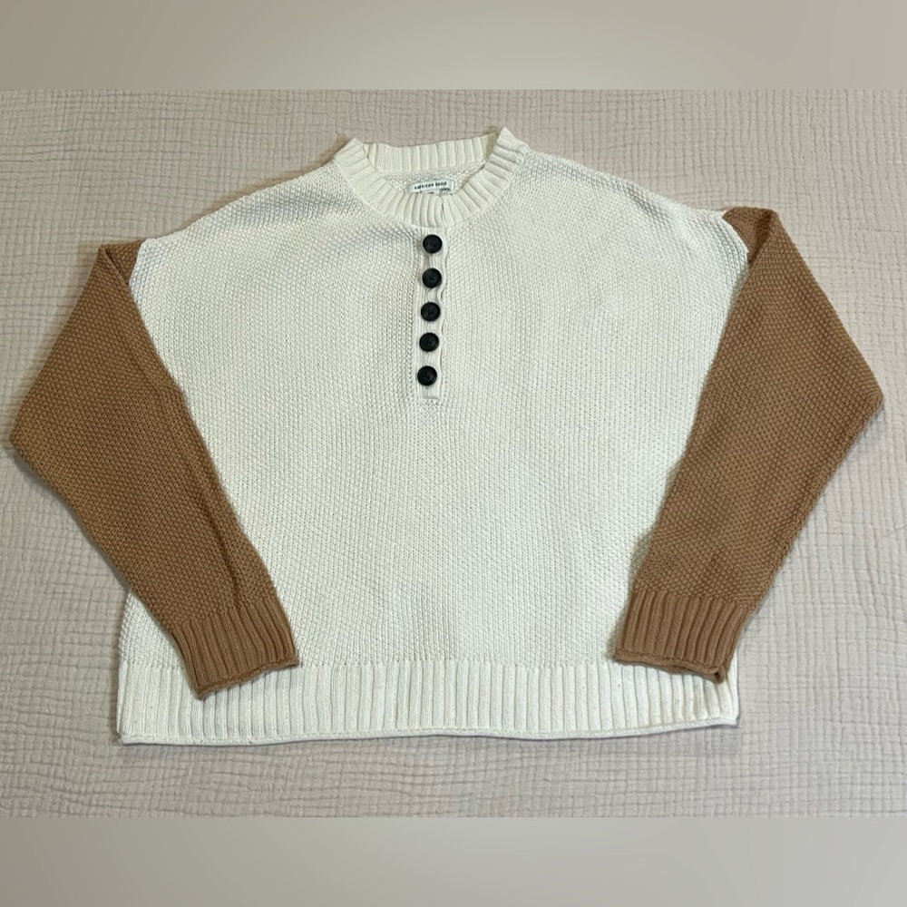 American Eagle Outfitters Waffle Knit Popover Sweater Cream & Tan Size Large